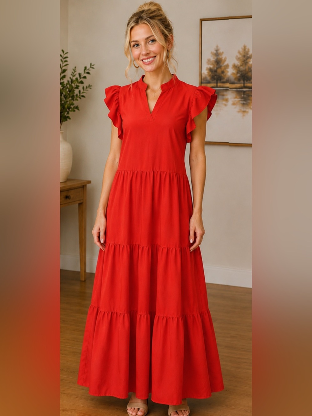 Women’s Bright Red Tiered Maxi Dress | Ruffle Flutter Sleeves | Side Zipper